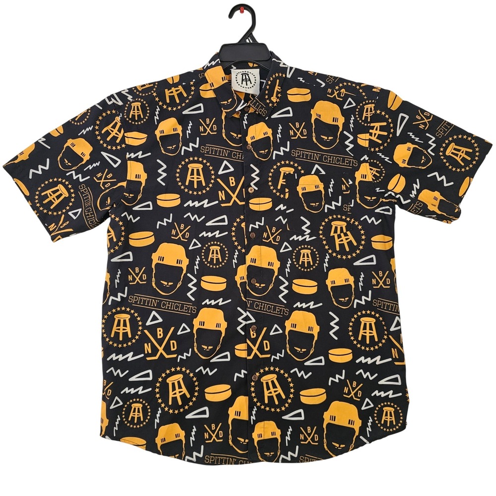 Barstool Sports Spittin Chiclets Hockey Button Down Shirt XL Black Gold Mens